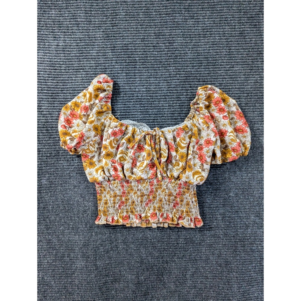 Hespens Crop Top Womens Small Mustard Peach Puff Sleeve Smocked Boho Square Neck